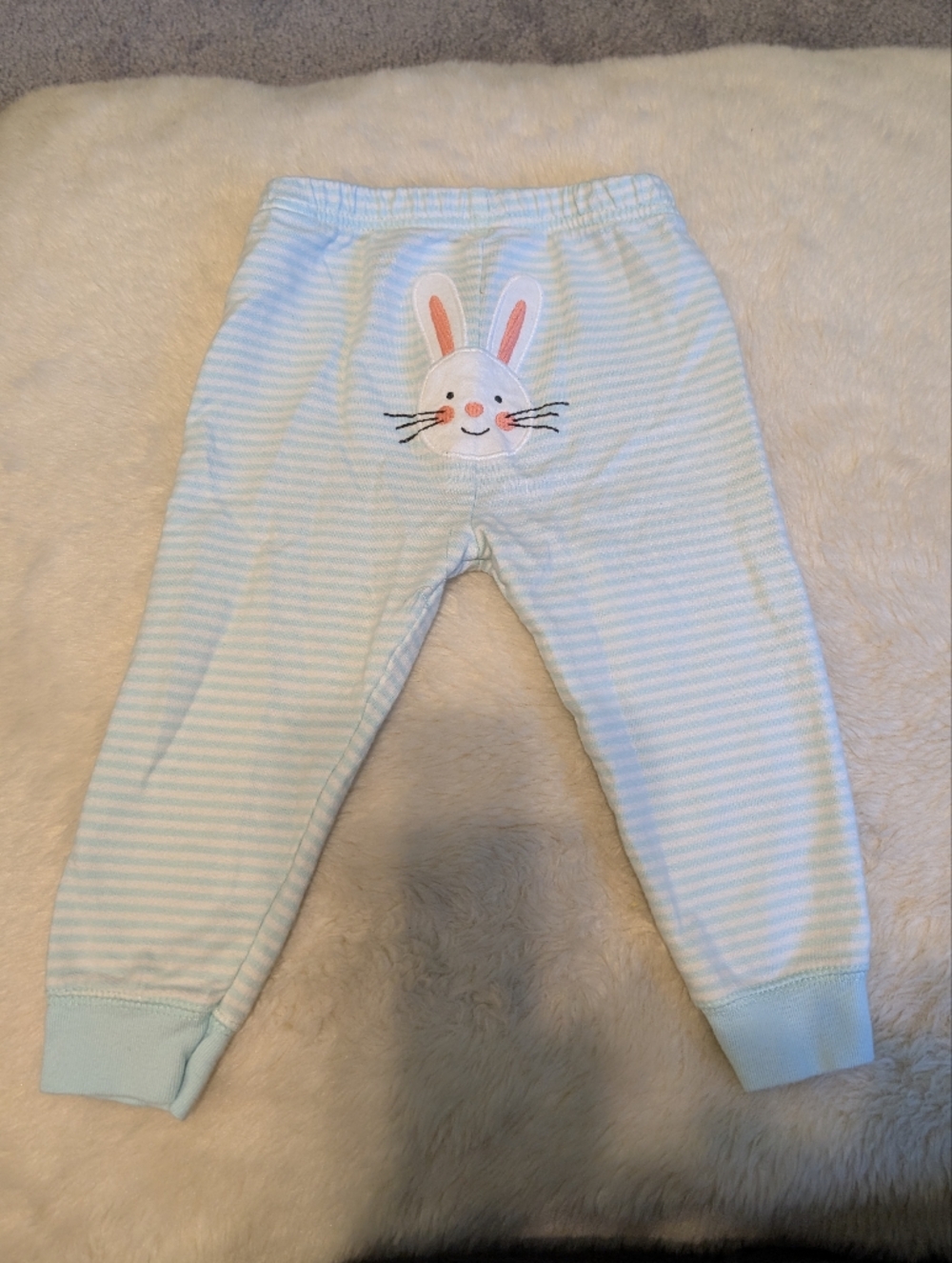 Light Blue Striped Baby Bottoms with Bunny Applique 9-12 Months
